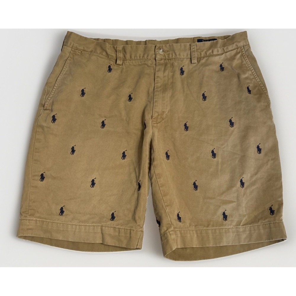 Mens Polo Ralph Lauren All Over Pony Chino Shorts Brown W/Navy Pony Sz 38